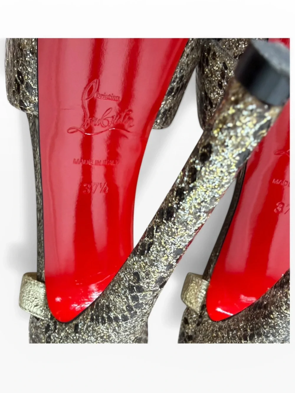 Christian Louboutin Metallic Gold Snake-Embossed T-Strap Platform Pump Size 37.5 - Picture 9 of 10